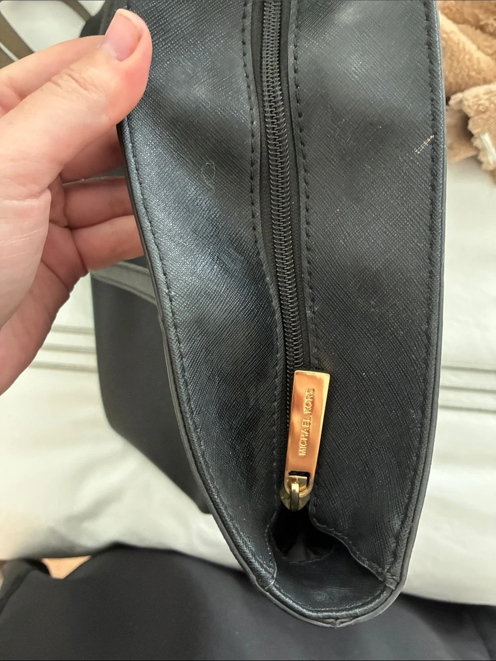 Michael Kors Black Leather Tote with Gold MK Charm